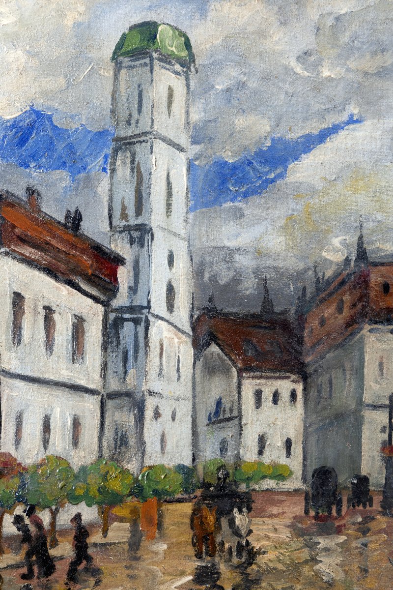 Raymon PÉRISSE – Place animée d’une ville de Lorraine, vers 1935 – Huile sur panneau – Signée-photo-1