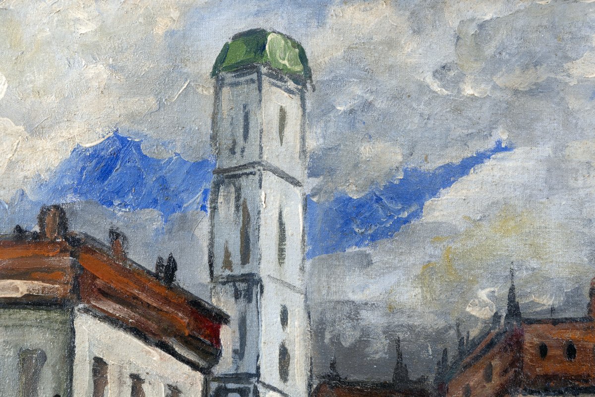 Raymon PÉRISSE – Place animée d’une ville de Lorraine, vers 1935 – Huile sur panneau – Signée-photo-2
