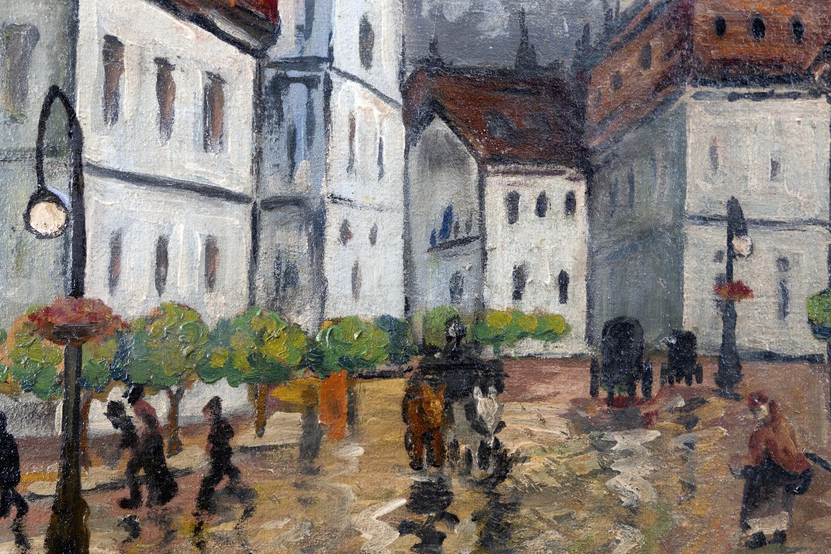 Raymon PÉRISSE – Place animée d’une ville de Lorraine, vers 1935 – Huile sur panneau – Signée-photo-3