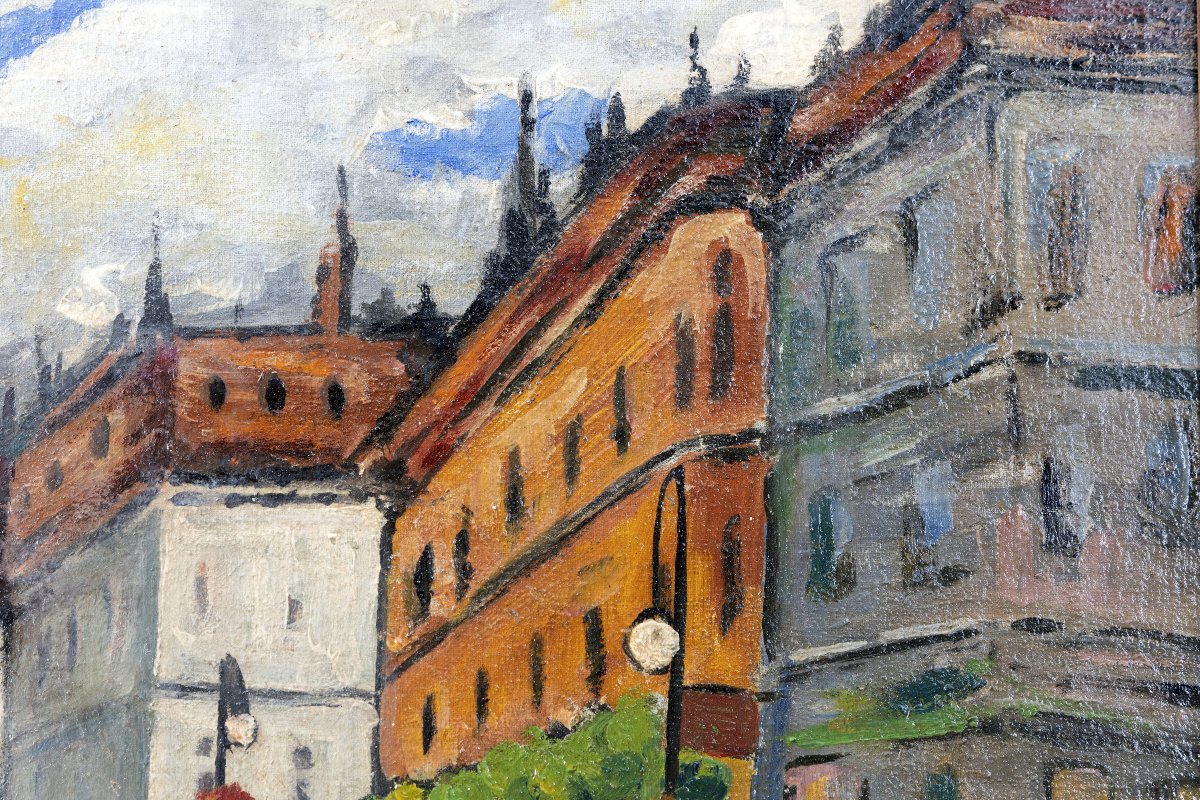 Raymon PÉRISSE – Place animée d’une ville de Lorraine, vers 1935 – Huile sur panneau – Signée-photo-5