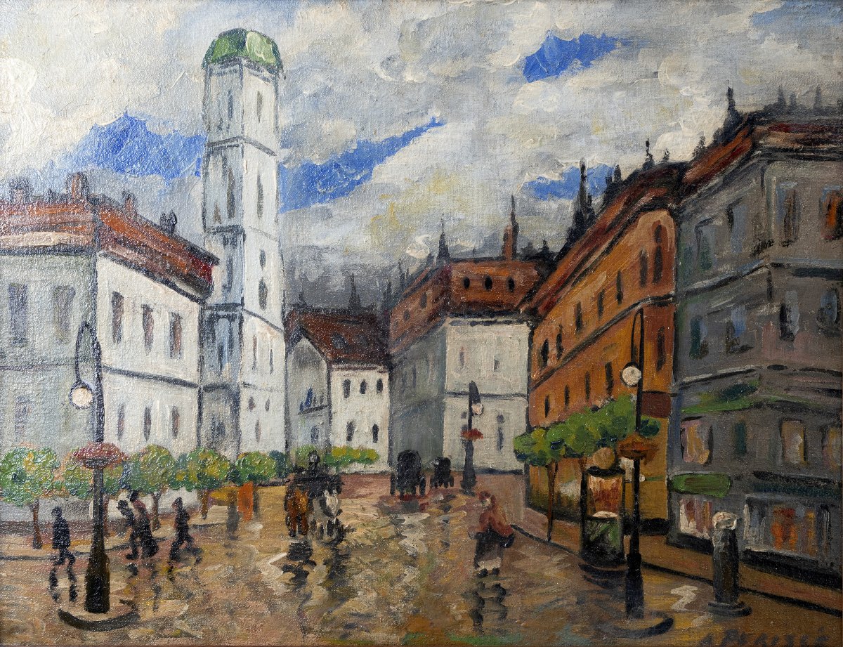 Raymon PÉRISSE – Place animée d’une ville de Lorraine, vers 1935 – Huile sur panneau – Signée