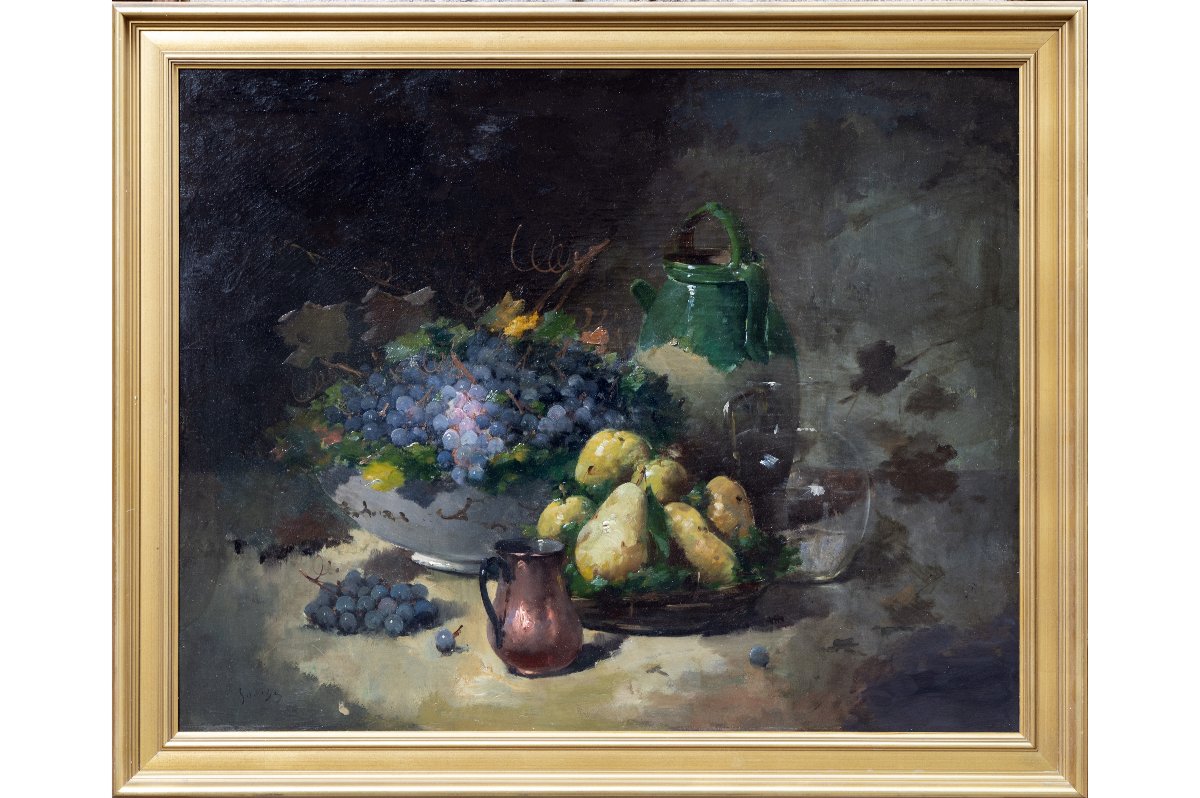 Emile Godchaux – Still Life With Grapes And Pears – Oil On Canvas, 92 X 73 Cm – Signed-photo-2