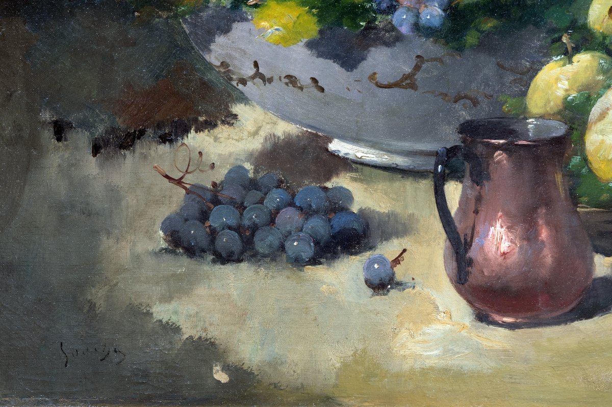 Emile Godchaux – Still Life With Grapes And Pears – Oil On Canvas, 92 X 73 Cm – Signed-photo-3