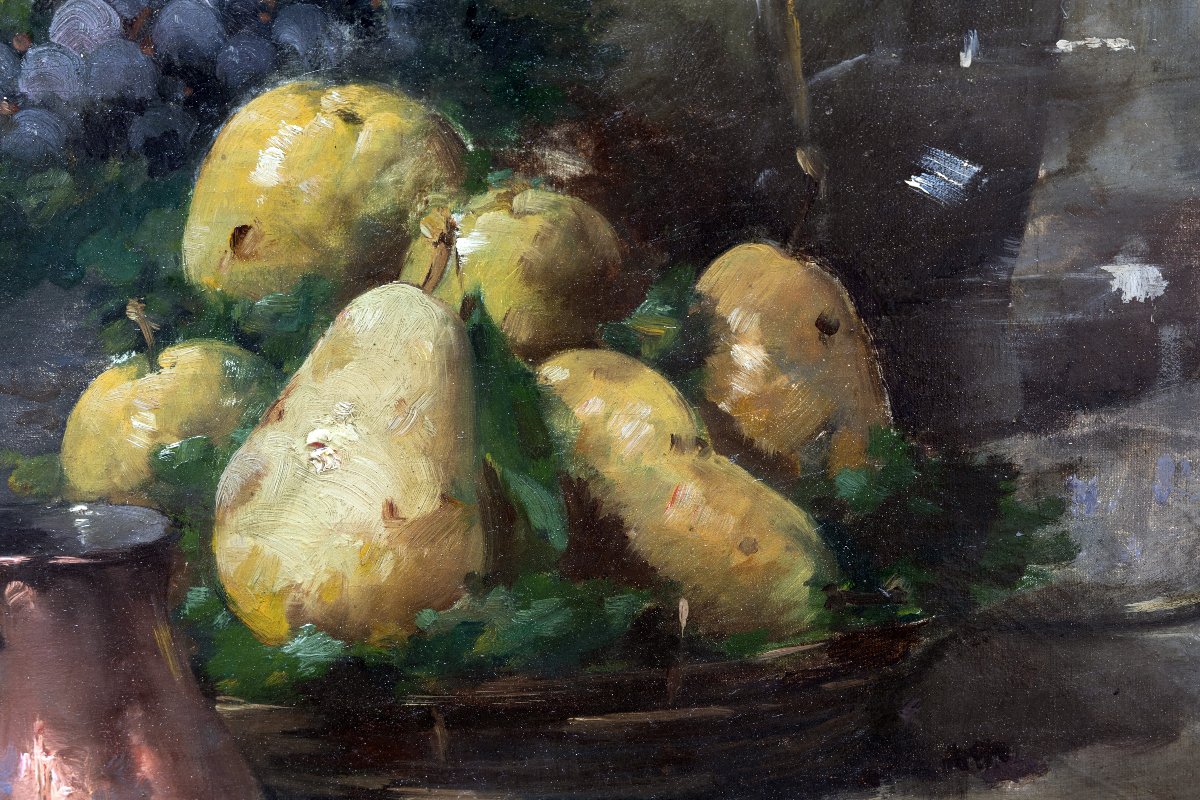 Emile Godchaux – Still Life With Grapes And Pears – Oil On Canvas, 92 X 73 Cm – Signed-photo-2