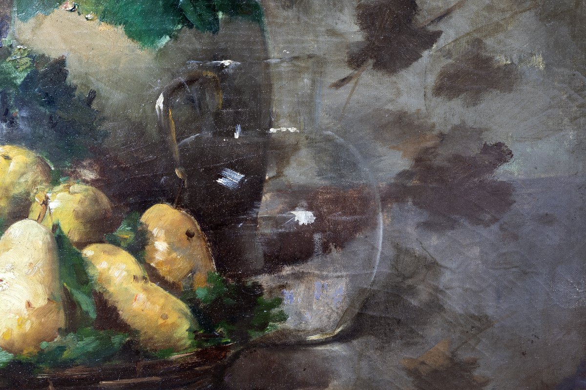 Emile Godchaux – Still Life With Grapes And Pears – Oil On Canvas, 92 X 73 Cm – Signed-photo-3