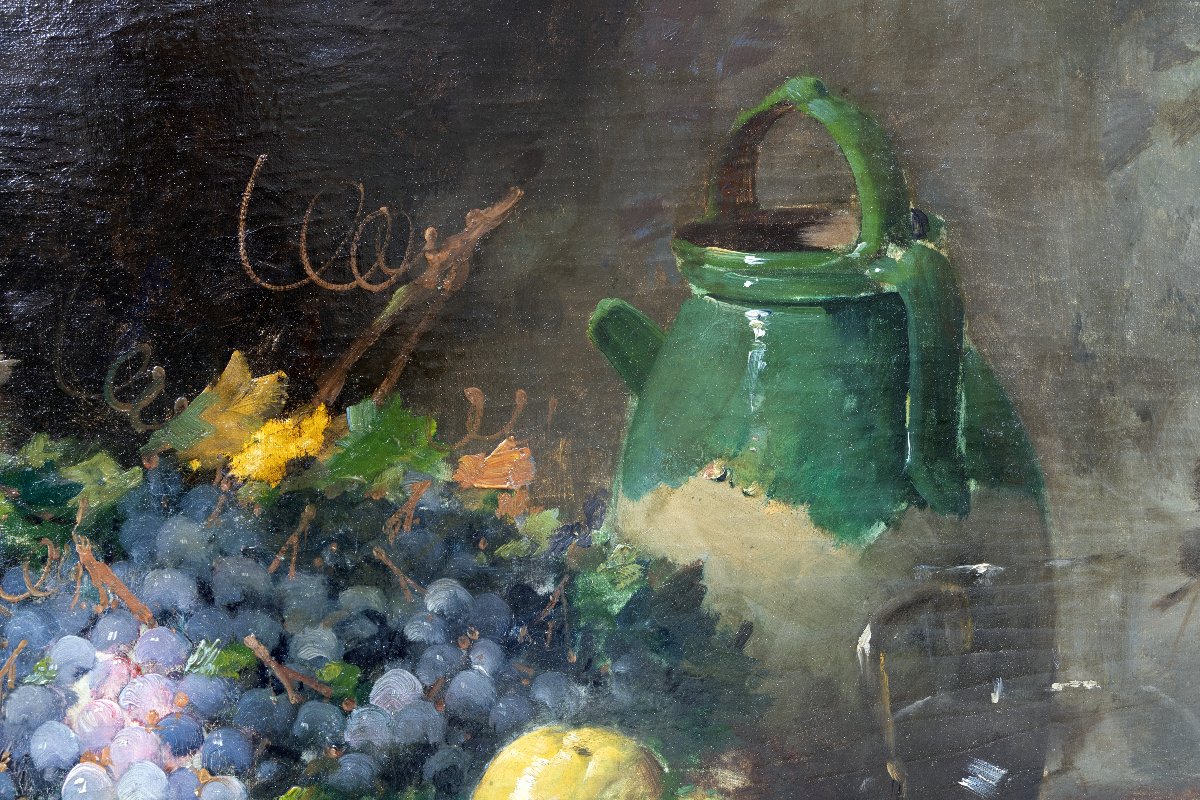 Emile Godchaux – Still Life With Grapes And Pears – Oil On Canvas, 92 X 73 Cm – Signed-photo-4