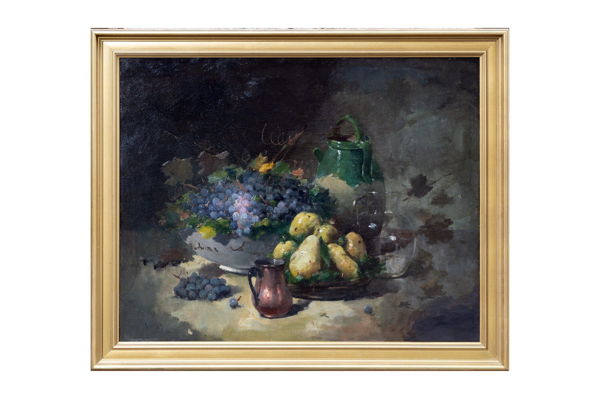 Emile Godchaux – Still Life With Grapes And Pears – Oil On Canvas, 92 X 73 Cm – Signed-photo-5