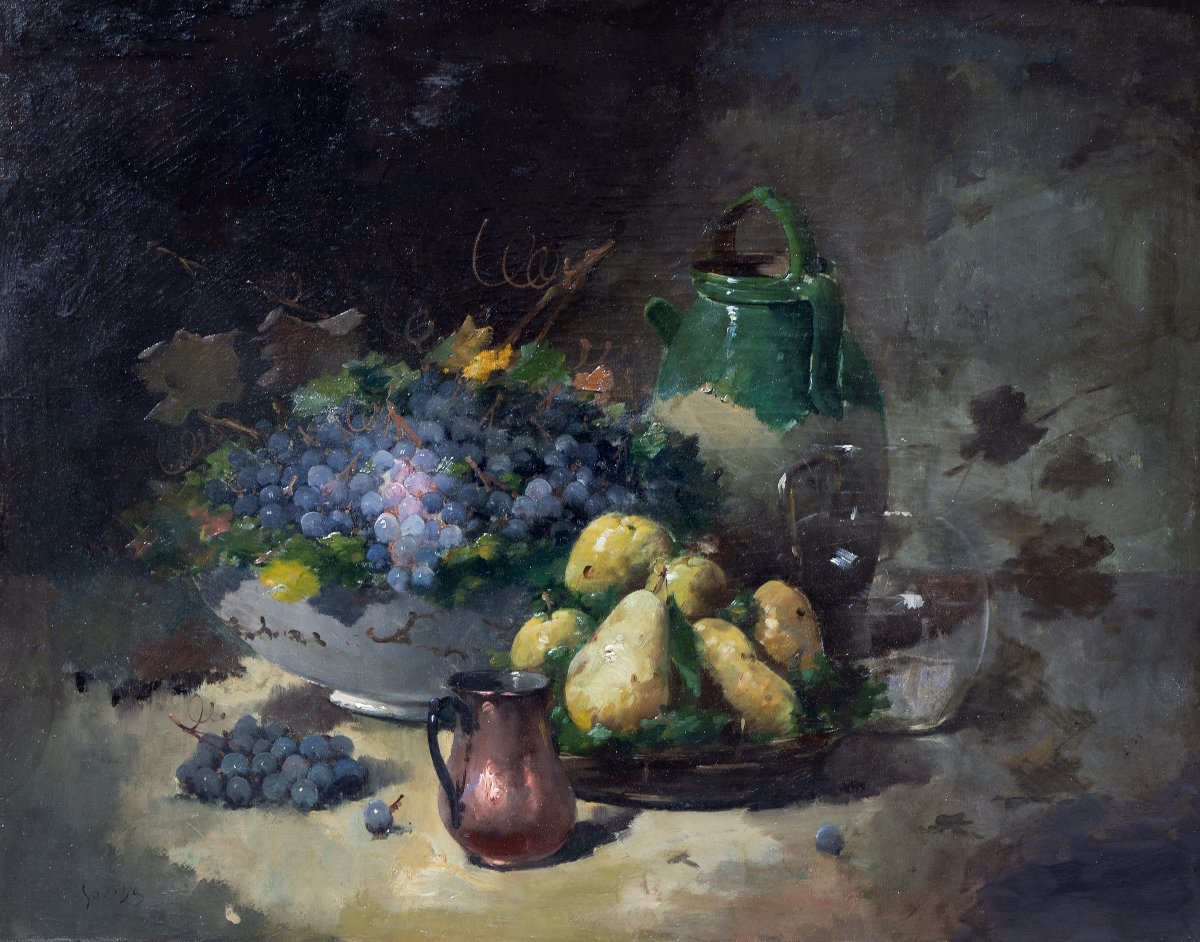 Emile Godchaux – Still Life With Grapes And Pears – Oil On Canvas, 92 X 73 Cm – Signed