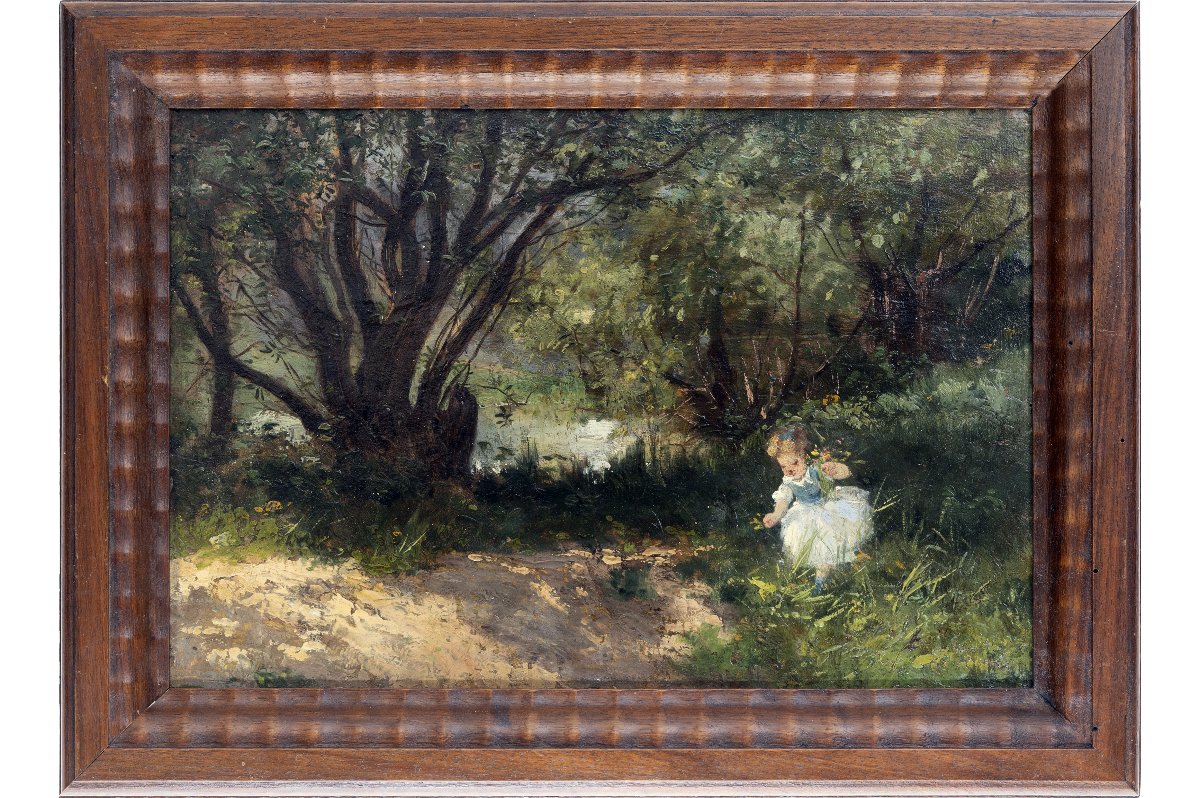 Ecole française fin XIXe, La cueillette au bord de l’eau – Huile sur panneau-photo-2