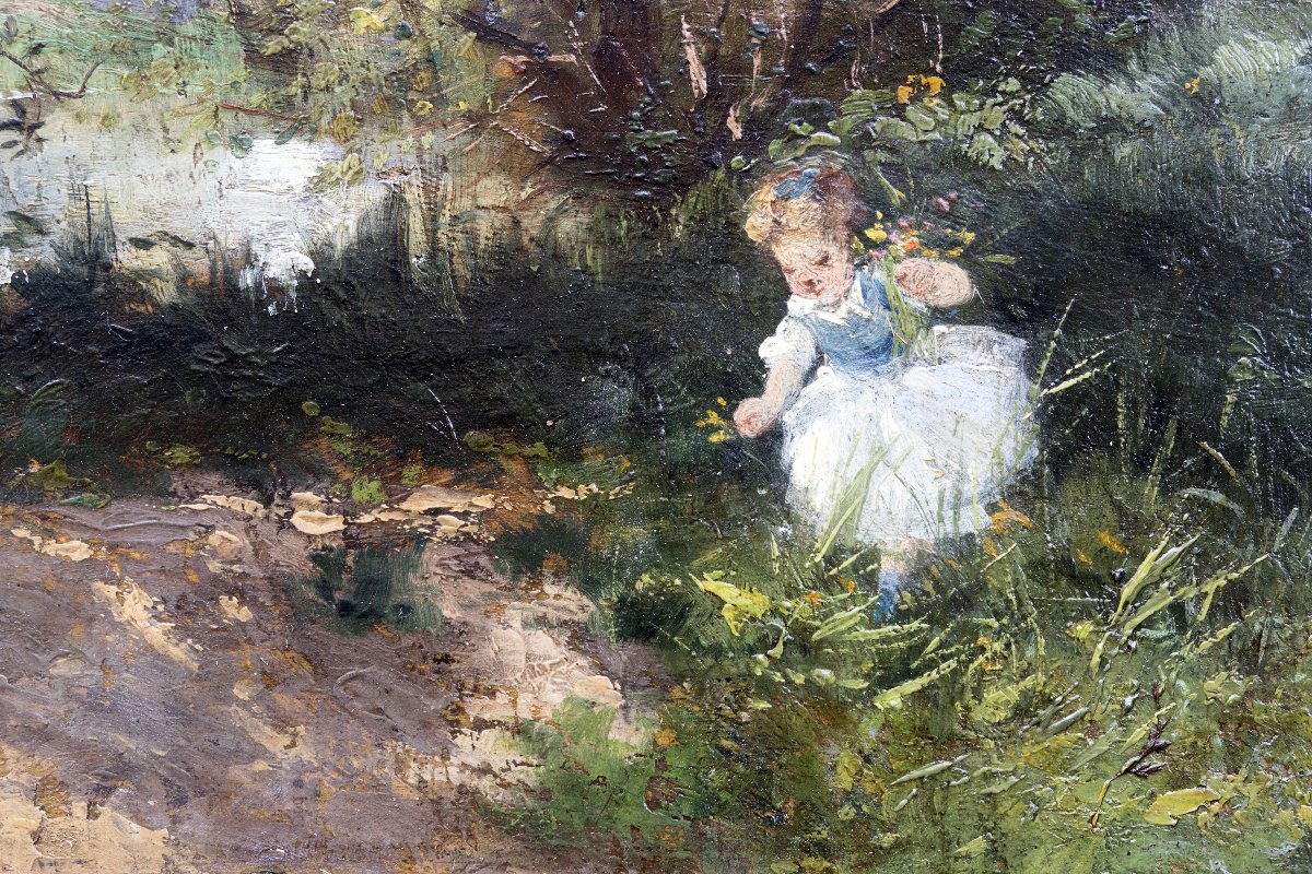 Ecole française fin XIXe, La cueillette au bord de l’eau – Huile sur panneau-photo-4