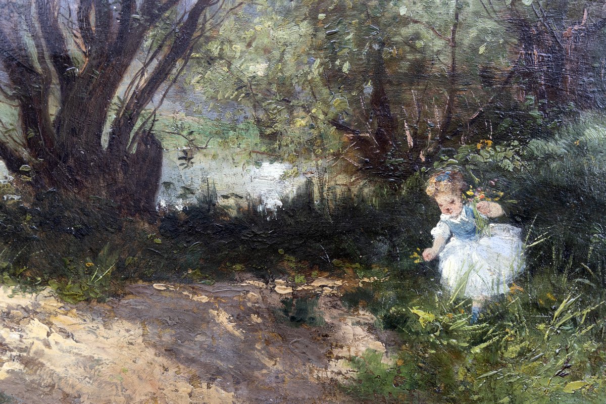 Ecole française fin XIXe, La cueillette au bord de l’eau – Huile sur panneau-photo-1