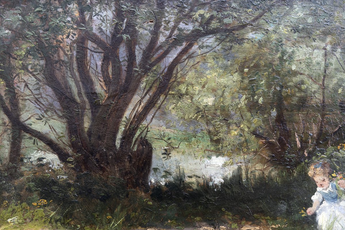 Ecole française fin XIXe, La cueillette au bord de l’eau – Huile sur panneau-photo-2