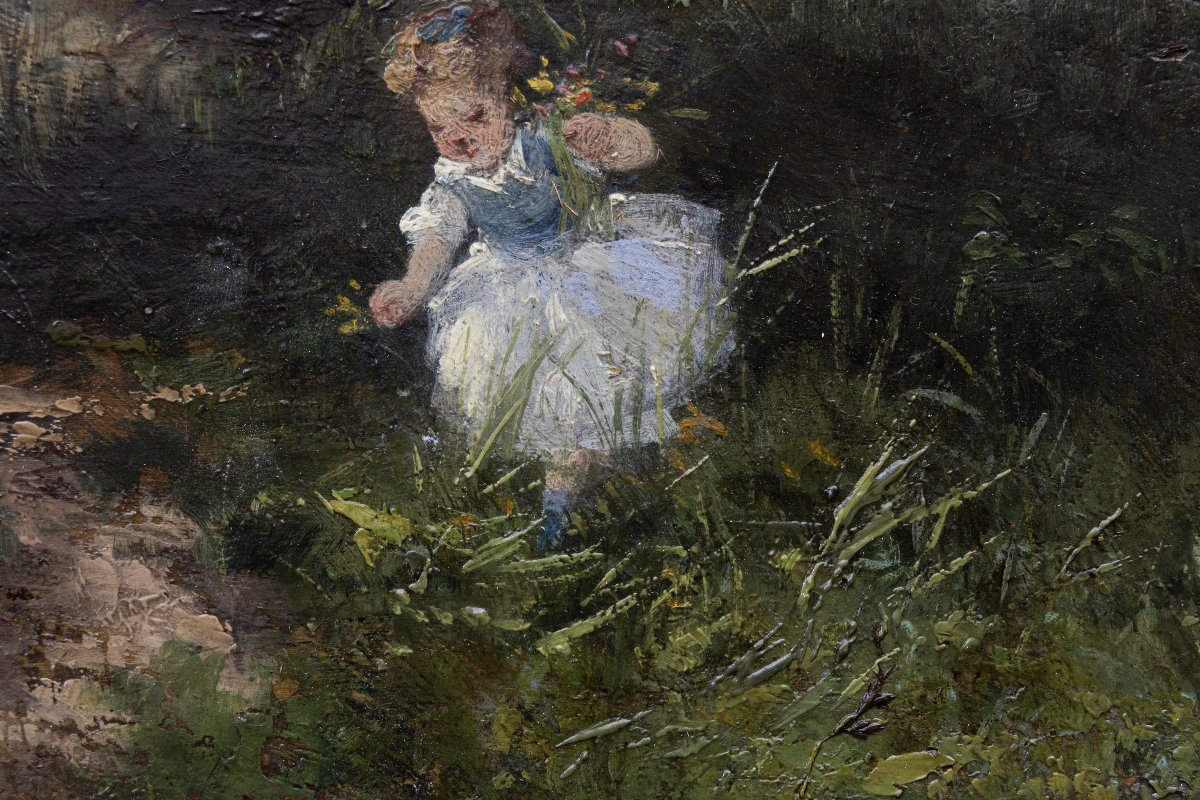 Ecole française fin XIXe, La cueillette au bord de l’eau – Huile sur panneau-photo-3