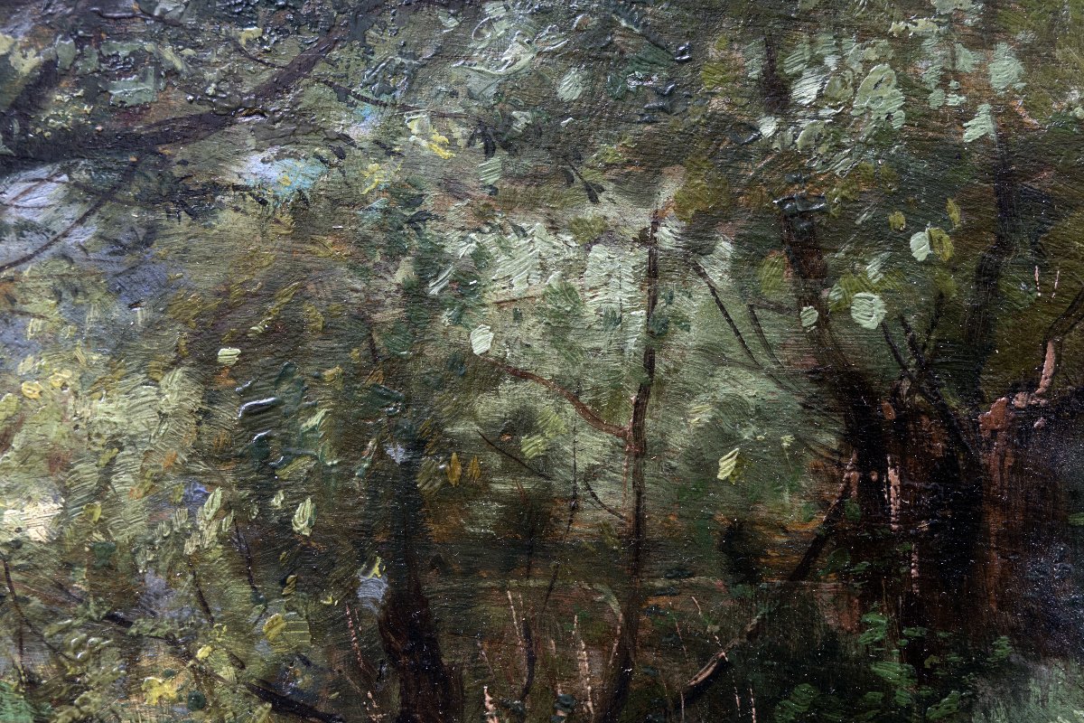 Ecole française fin XIXe, La cueillette au bord de l’eau – Huile sur panneau-photo-4