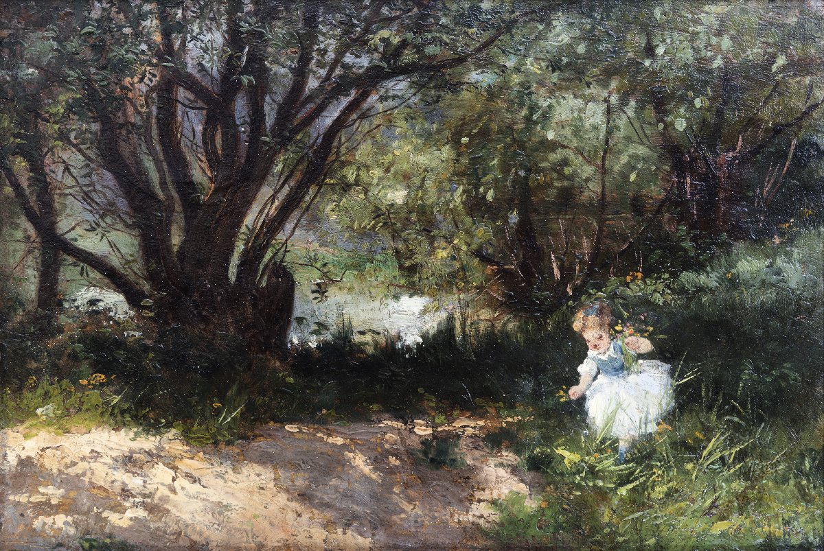 Ecole française fin XIXe, La cueillette au bord de l’eau – Huile sur panneau