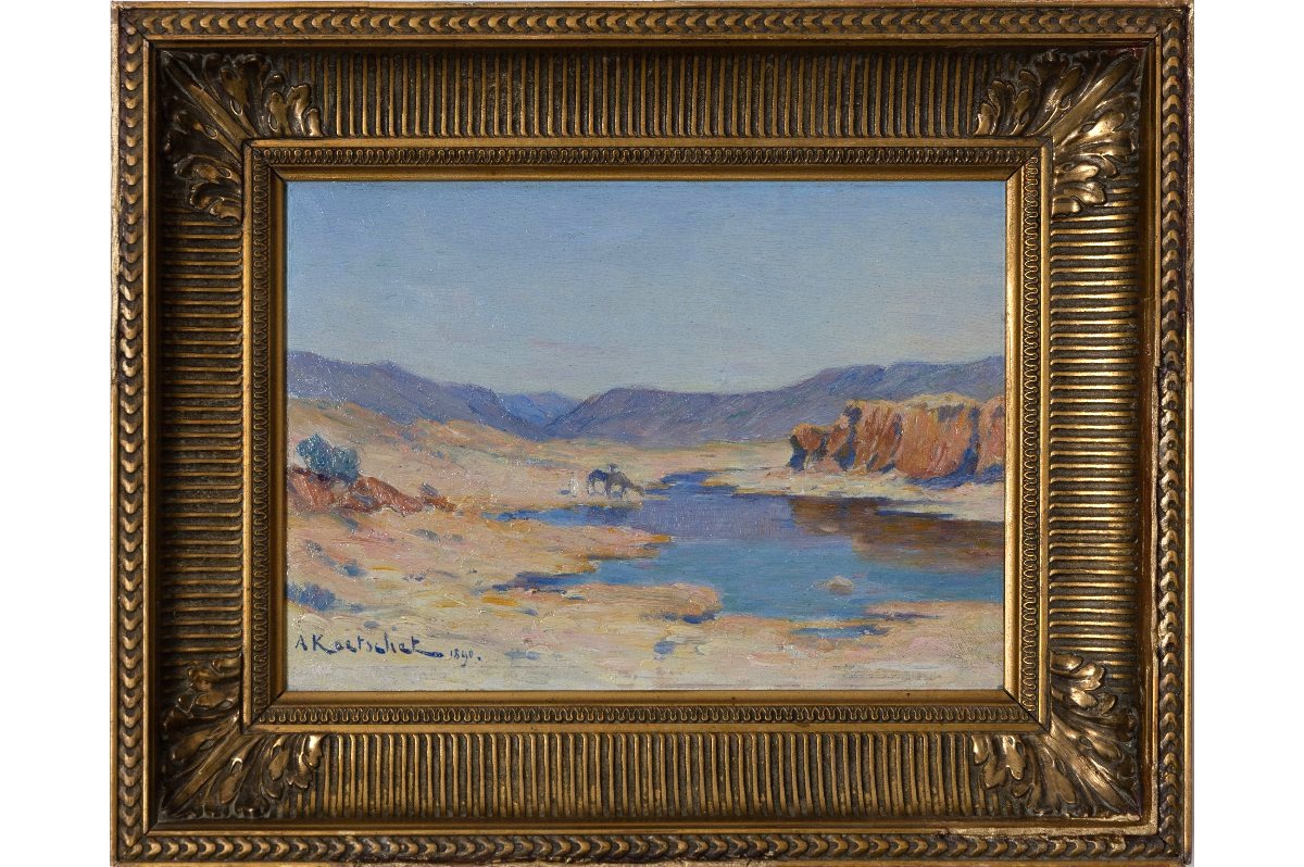 Achille Koetschet – Camels Drinking In The Wadi – Oil On Panel – Signed, 1890-photo-2
