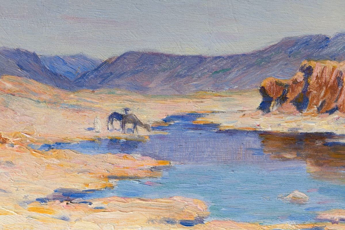 Achille Koetschet – Camels Drinking In The Wadi – Oil On Panel – Signed, 1890-photo-1