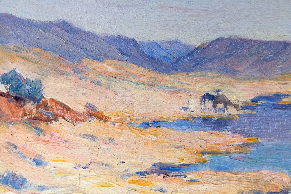 Achille Koetschet – Camels Drinking In The Wadi – Oil On Panel – Signed, 1890-photo-2