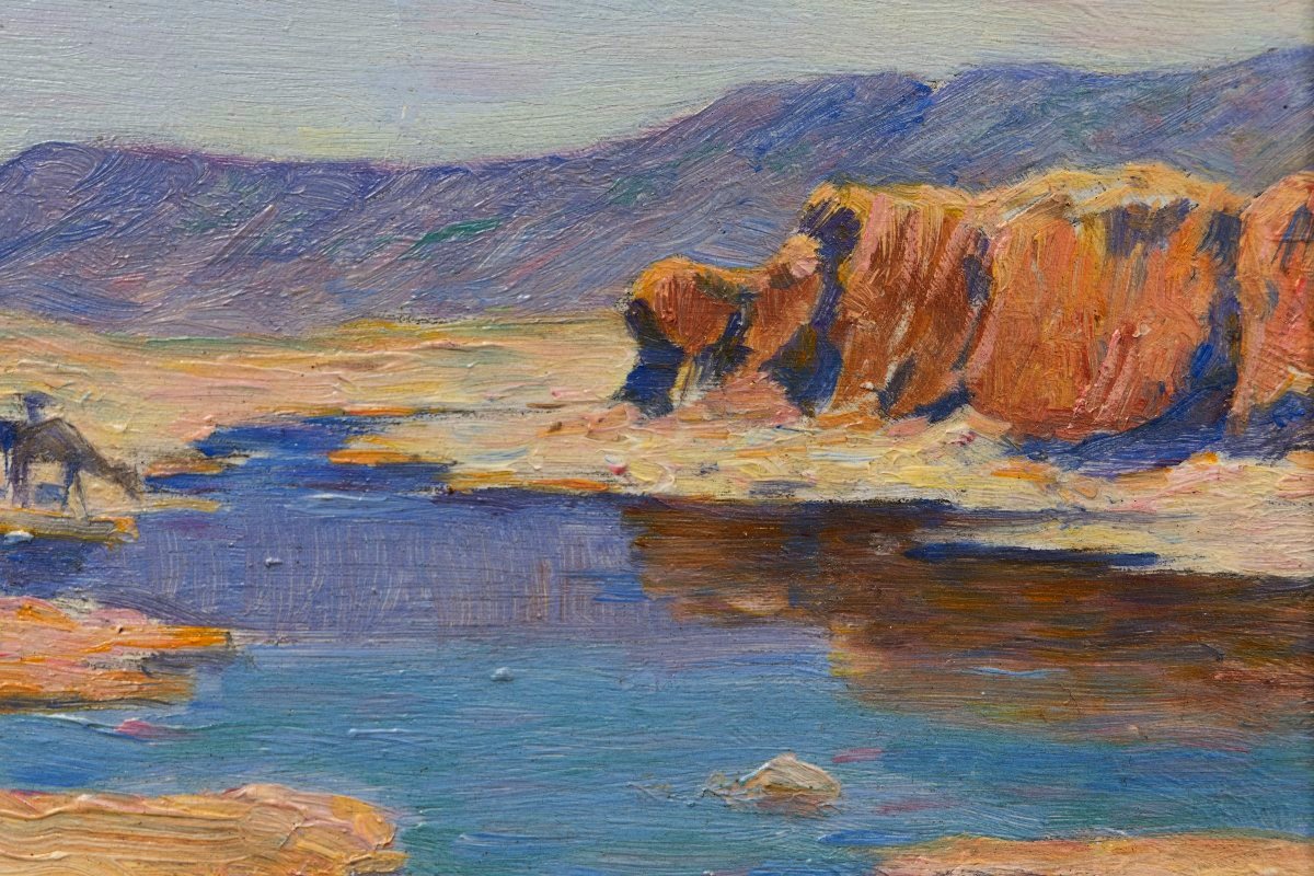 Achille Koetschet – Camels Drinking In The Wadi – Oil On Panel – Signed, 1890-photo-3