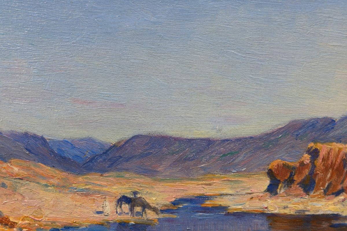 Achille Koetschet – Camels Drinking In The Wadi – Oil On Panel – Signed, 1890-photo-4