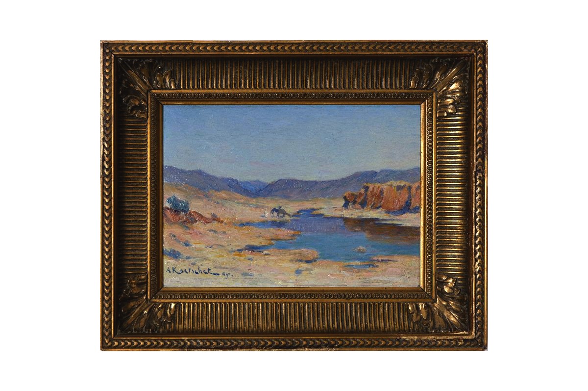 Achille Koetschet – Camels Drinking In The Wadi – Oil On Panel – Signed, 1890-photo-5