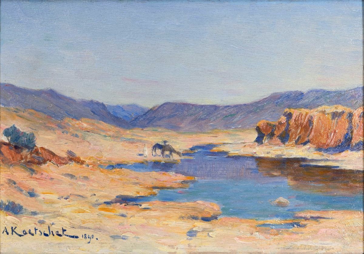 Achille Koetschet – Camels Drinking In The Wadi – Oil On Panel – Signed, 1890