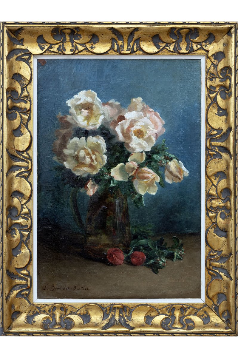 Léonie Bonvalet-barillot – Vase Of Roses – Oil On Canvas – Signed, Circa 1890-photo-2