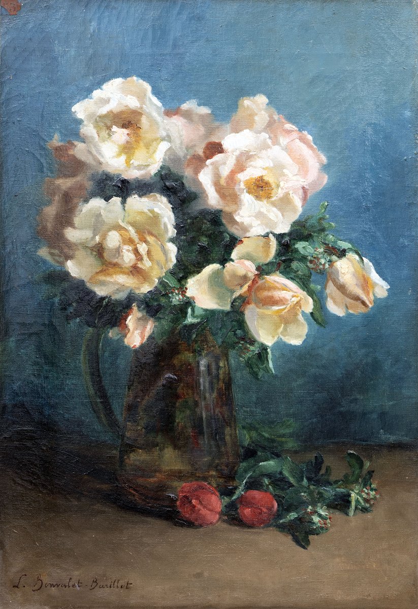 Léonie Bonvalet-barillot – Vase Of Roses – Oil On Canvas – Signed, Circa 1890