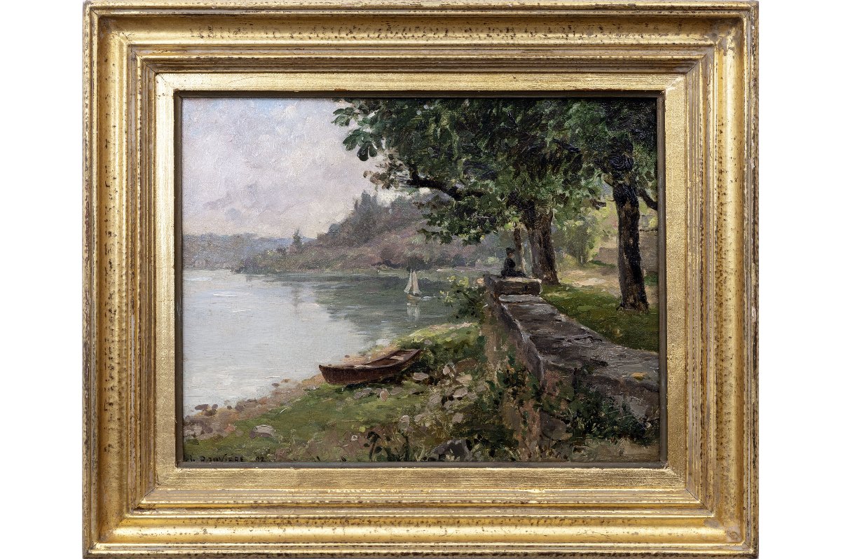Charles ROUVIÈRE – Bord de rivière, femme assise – Huile sur toile – Signée et datée 1882-photo-2