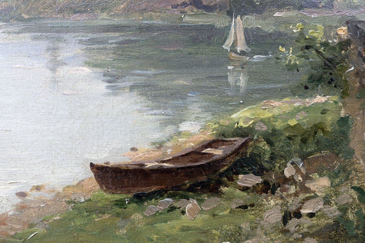 Charles ROUVIÈRE – Bord de rivière, femme assise – Huile sur toile – Signée et datée 1882-photo-1
