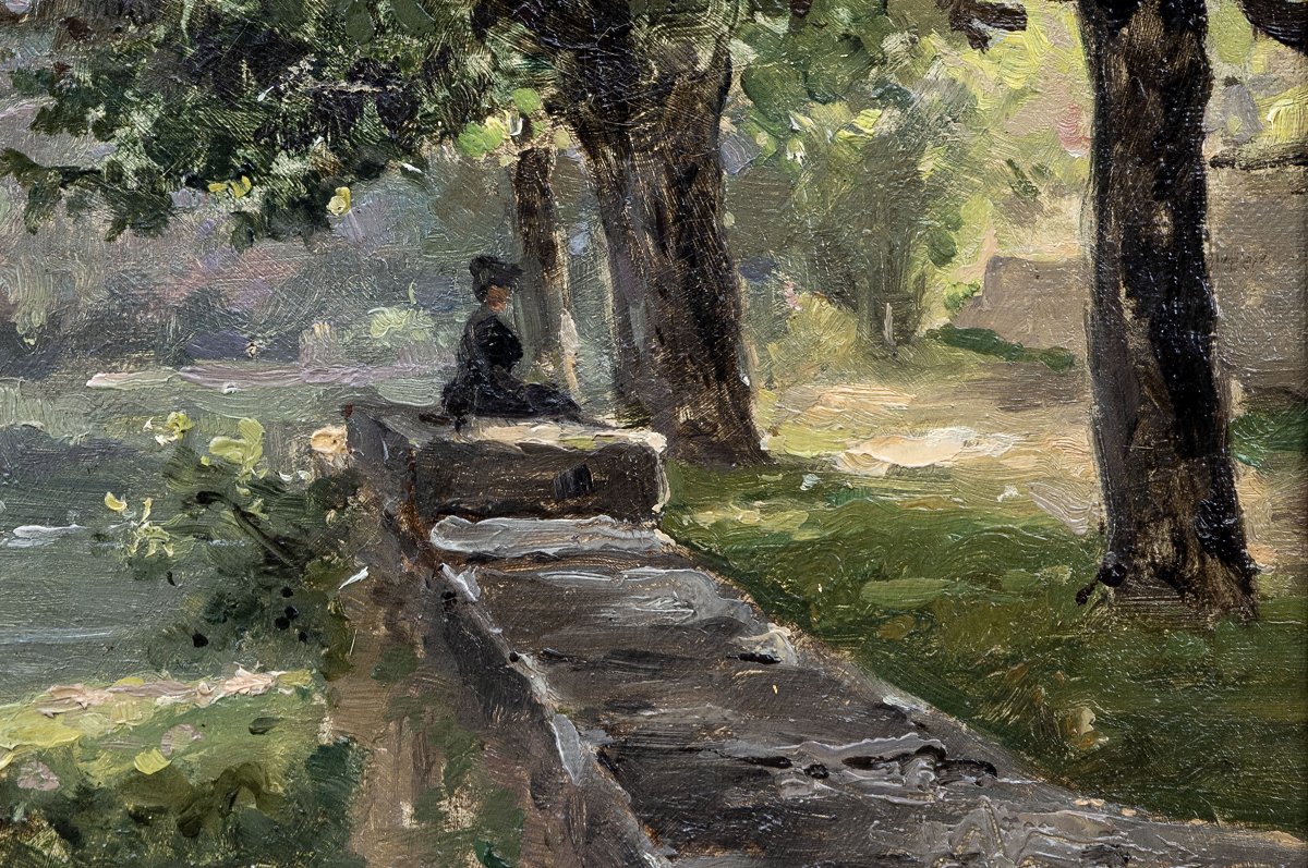 Charles ROUVIÈRE – Bord de rivière, femme assise – Huile sur toile – Signée et datée 1882-photo-2