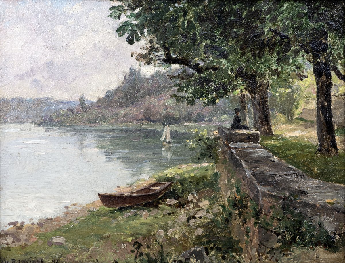 Charles ROUVIÈRE – Bord de rivière, femme assise – Huile sur toile – Signée et datée 1882