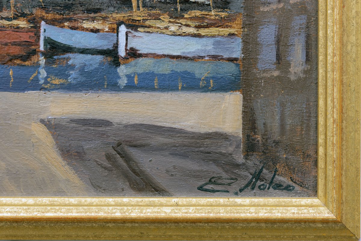 Emmanuel Mateo – Marseille, Harbor Quay – Oil On Panel – Signed -photo-3