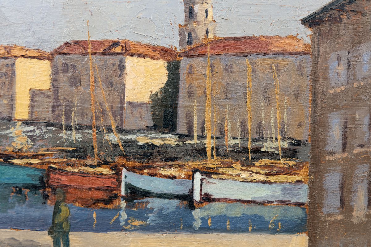 Emmanuel Mateo – Marseille, Harbor Quay – Oil On Panel – Signed -photo-3