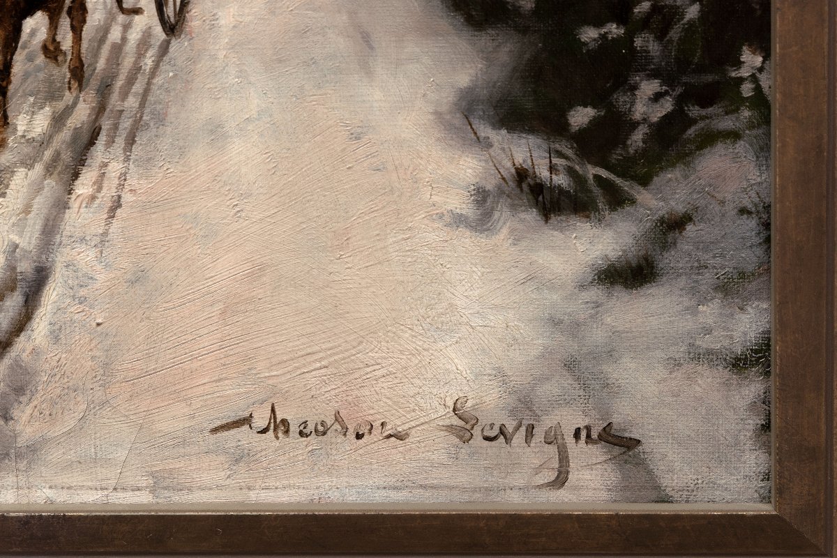 Théodore LÉVIGNE – Bord de Saône sous la neige, avec personnages  – Huile sur toile – Signée-photo-3