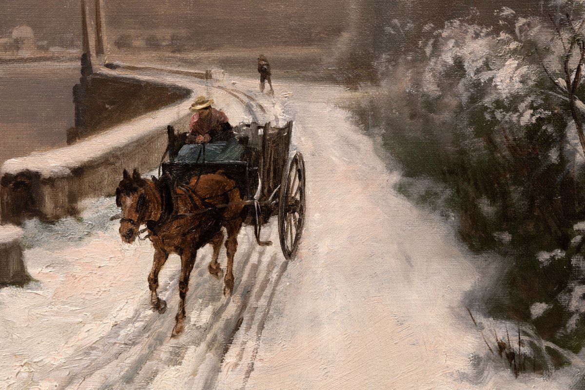 Théodore LÉVIGNE – Bord de Saône sous la neige, avec personnages  – Huile sur toile – Signée-photo-3