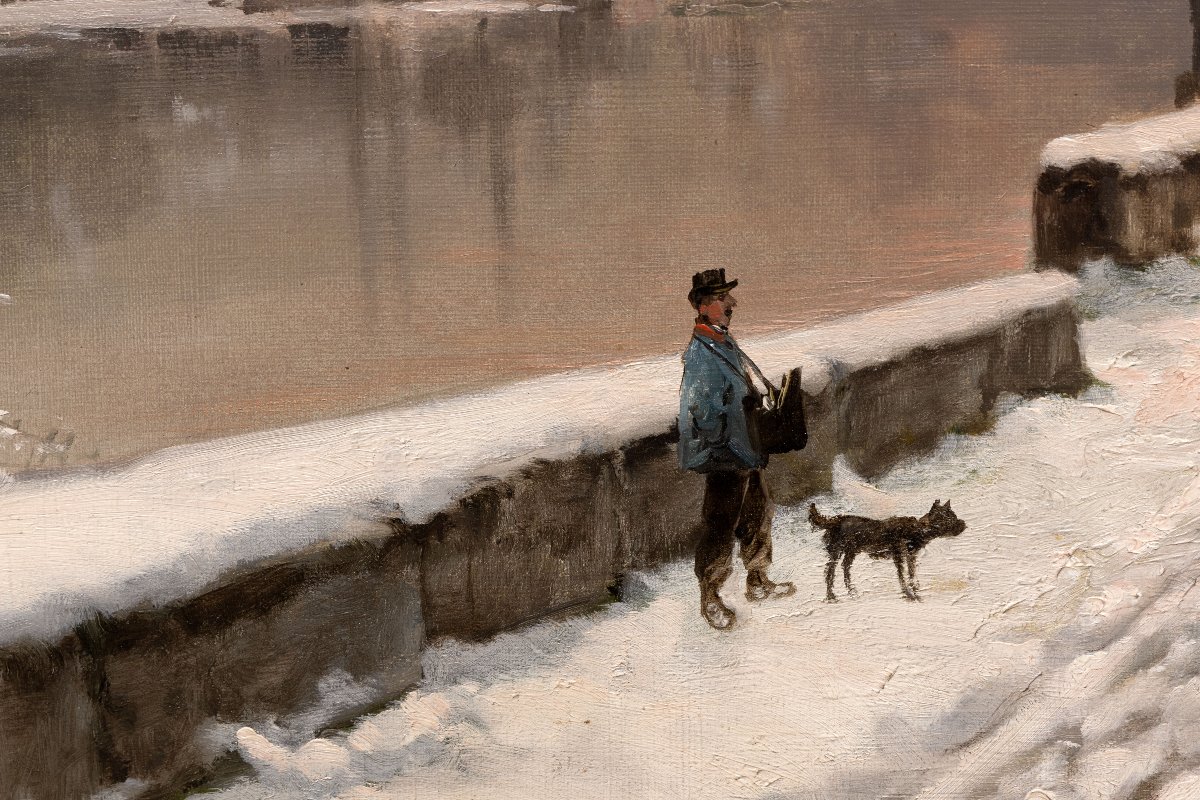 Théodore LÉVIGNE – Bord de Saône sous la neige, avec personnages  – Huile sur toile – Signée-photo-4