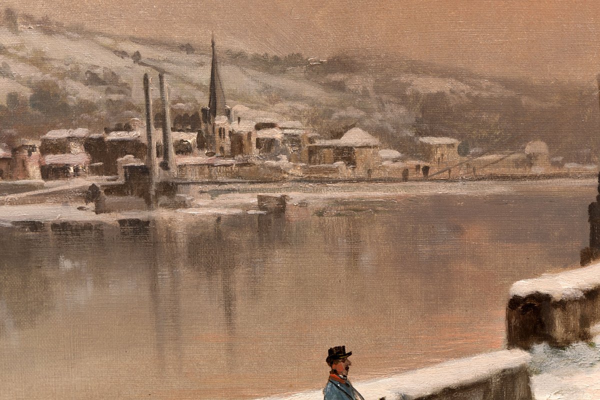 Théodore LÉVIGNE – Bord de Saône sous la neige, avec personnages  – Huile sur toile – Signée-photo-5