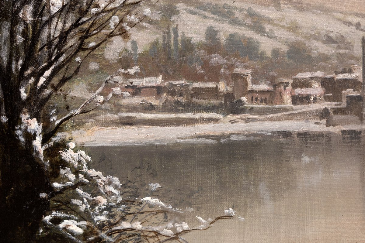 Théodore LÉVIGNE – Bord de Saône sous la neige, avec personnages  – Huile sur toile – Signée-photo-6