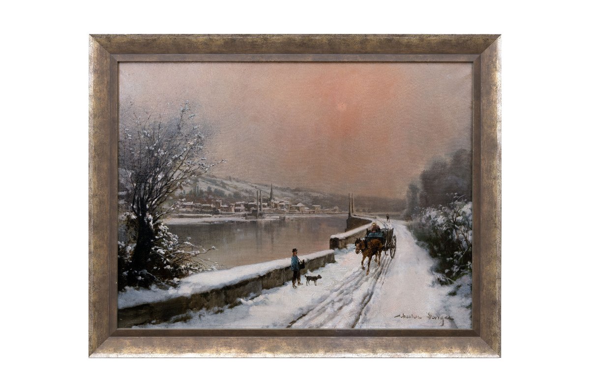 Théodore LÉVIGNE – Bord de Saône sous la neige, avec personnages  – Huile sur toile – Signée-photo-7