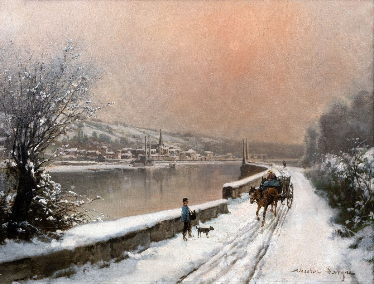 Théodore LÉVIGNE – Bord de Saône sous la neige, avec personnages  – Huile sur toile – Signée