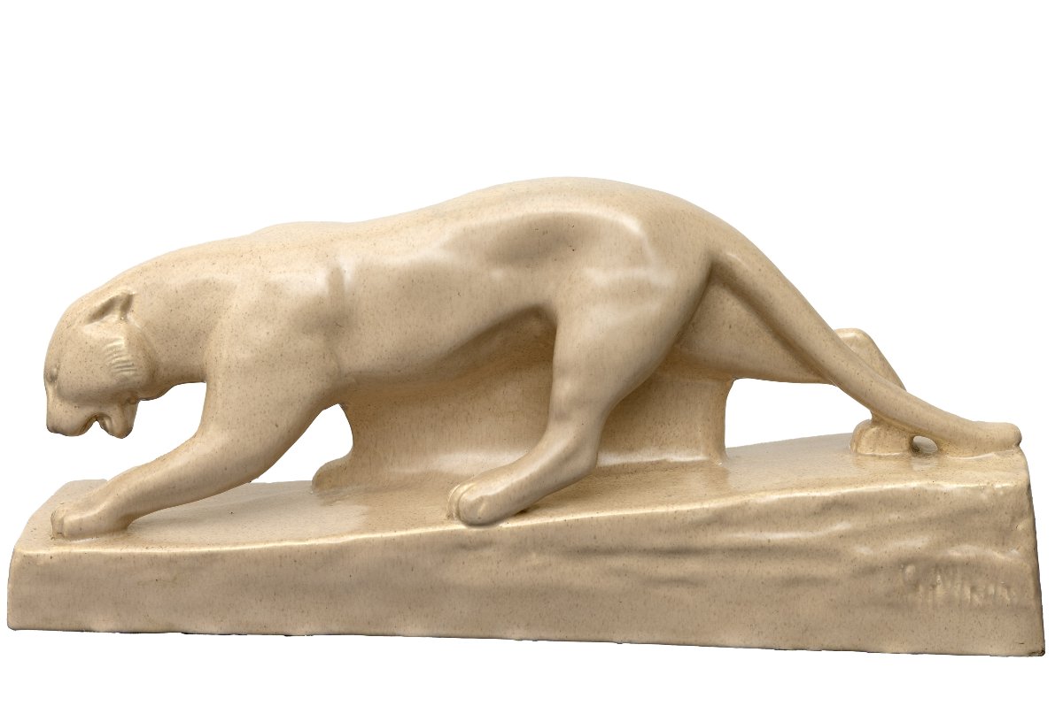 G. Ninin – Marching Panther – Art Deco Speckled Ceramic – Circa 1930 – Signed-photo-2