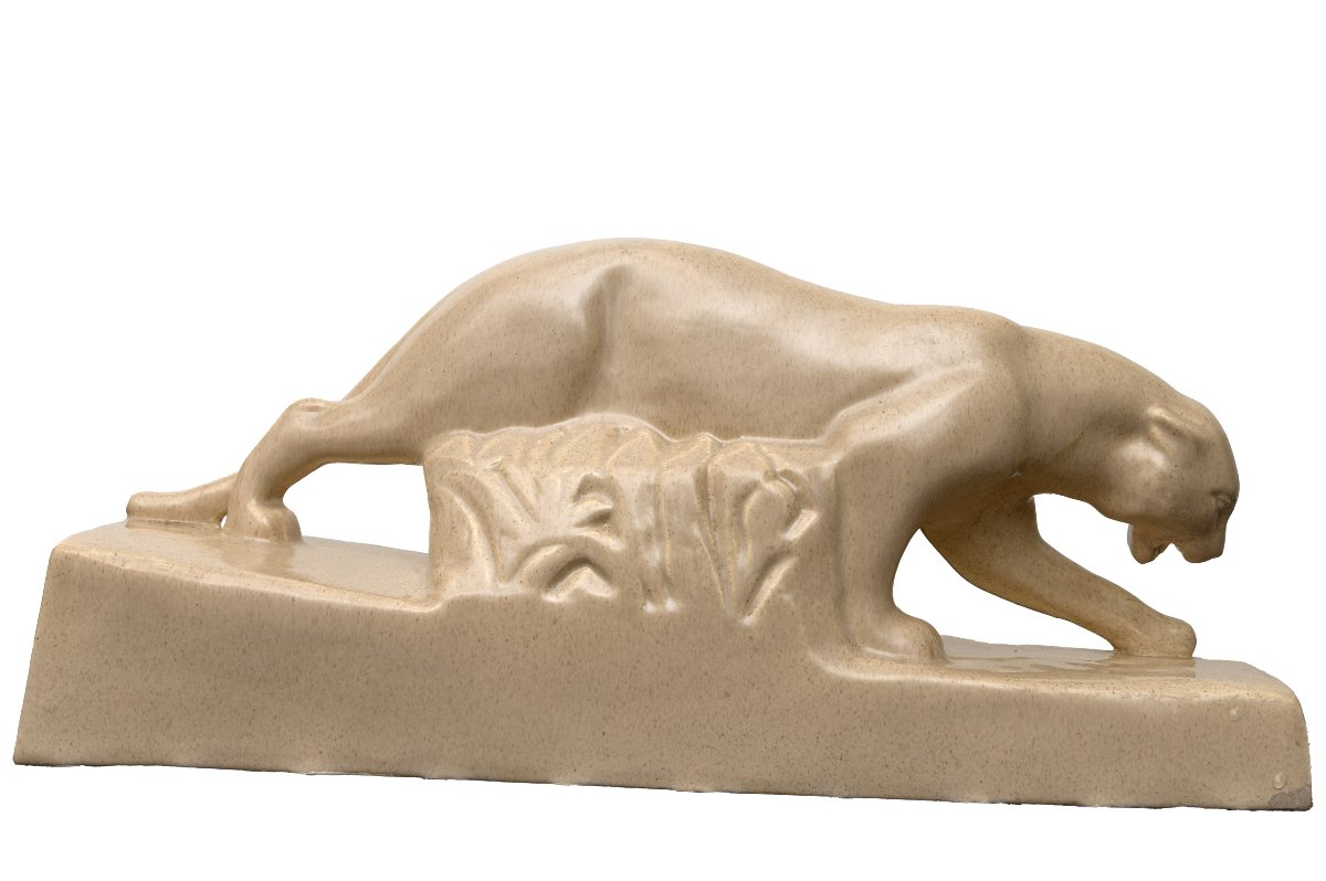 G. Ninin – Marching Panther – Art Deco Speckled Ceramic – Circa 1930 – Signed