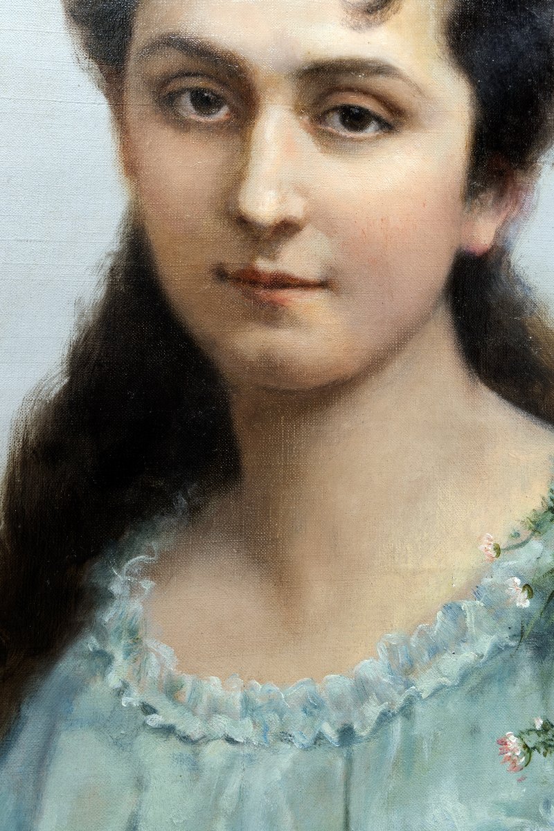 Théodore Lévigne – Portrait Of A Young Woman In A Blue Dress  – Oil On Canvas – Signed And Dated 1904-photo-3