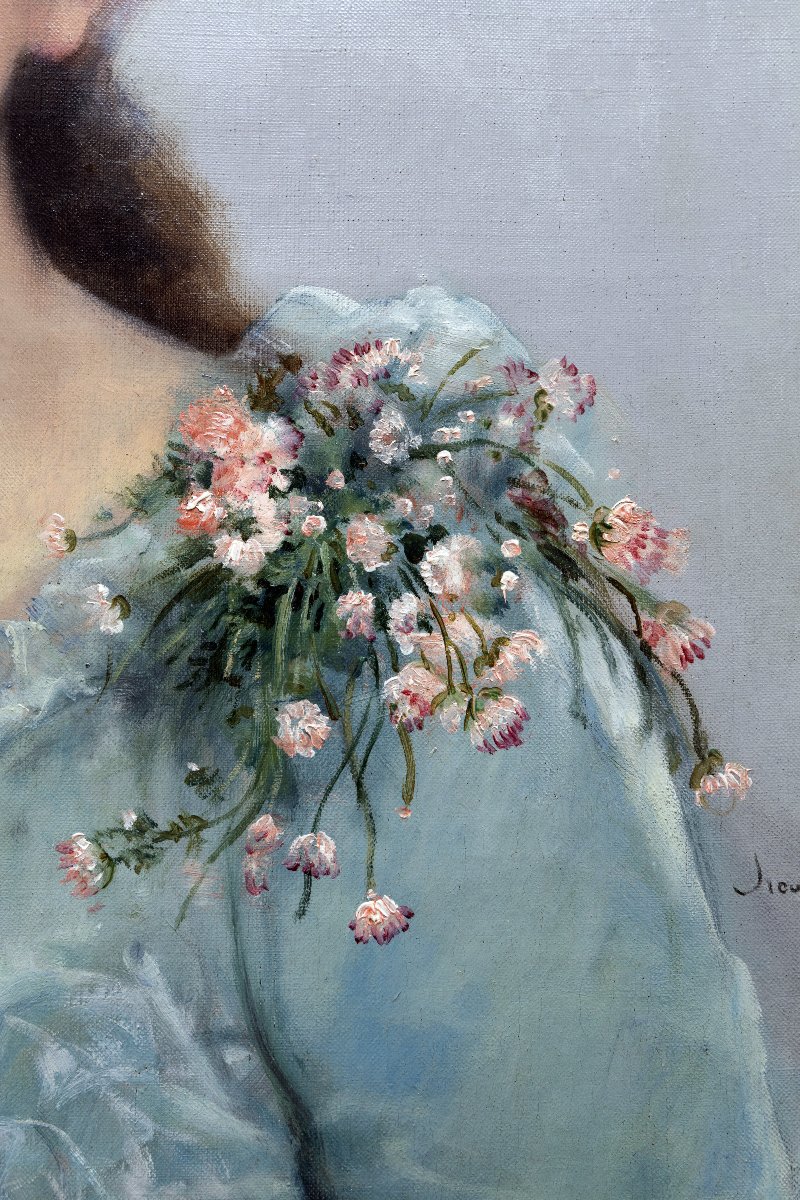 Théodore Lévigne – Portrait Of A Young Woman In A Blue Dress  – Oil On Canvas – Signed And Dated 1904-photo-4