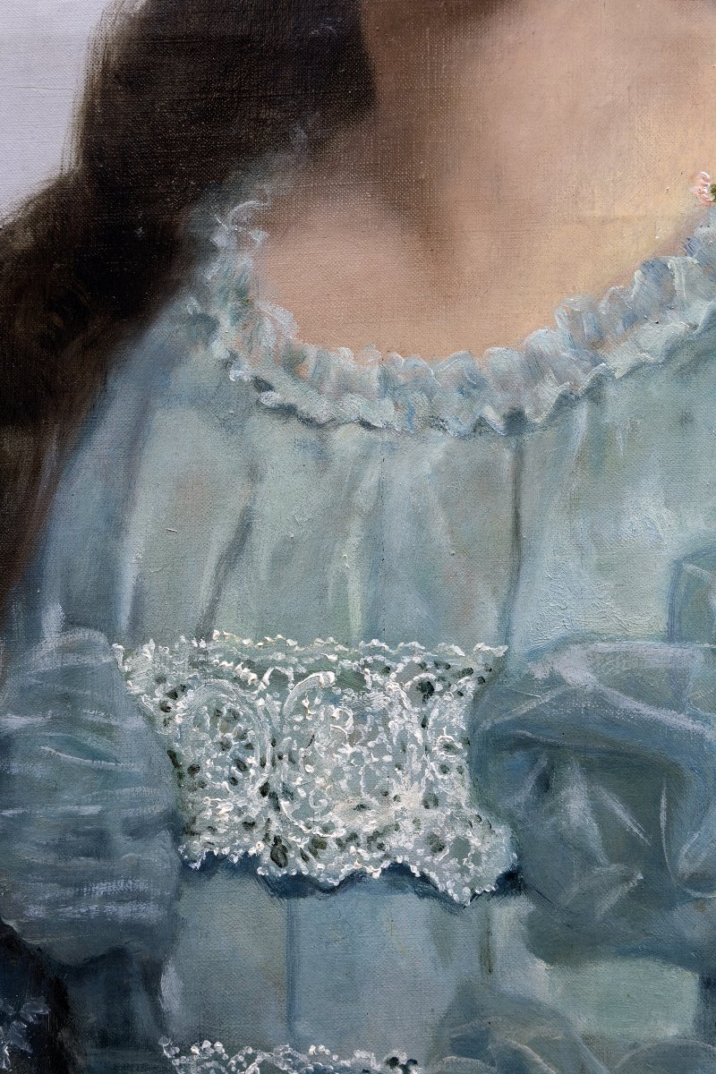 Théodore Lévigne – Portrait Of A Young Woman In A Blue Dress  – Oil On Canvas – Signed And Dated 1904-photo-5