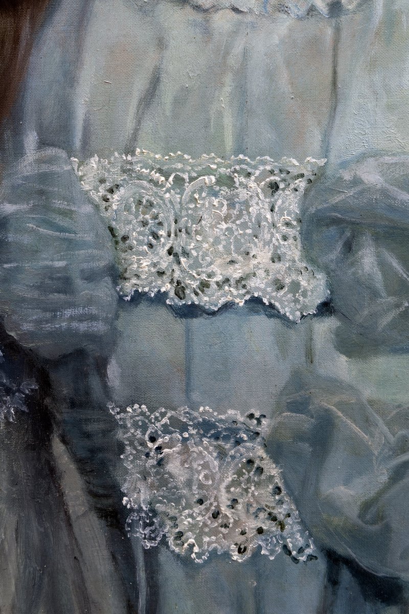 Théodore Lévigne – Portrait Of A Young Woman In A Blue Dress  – Oil On Canvas – Signed And Dated 1904-photo-6