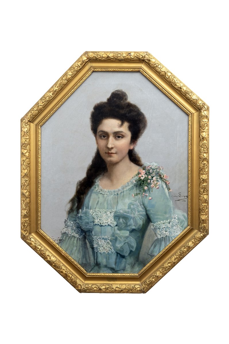 Théodore Lévigne – Portrait Of A Young Woman In A Blue Dress  – Oil On Canvas – Signed And Dated 1904-photo-7