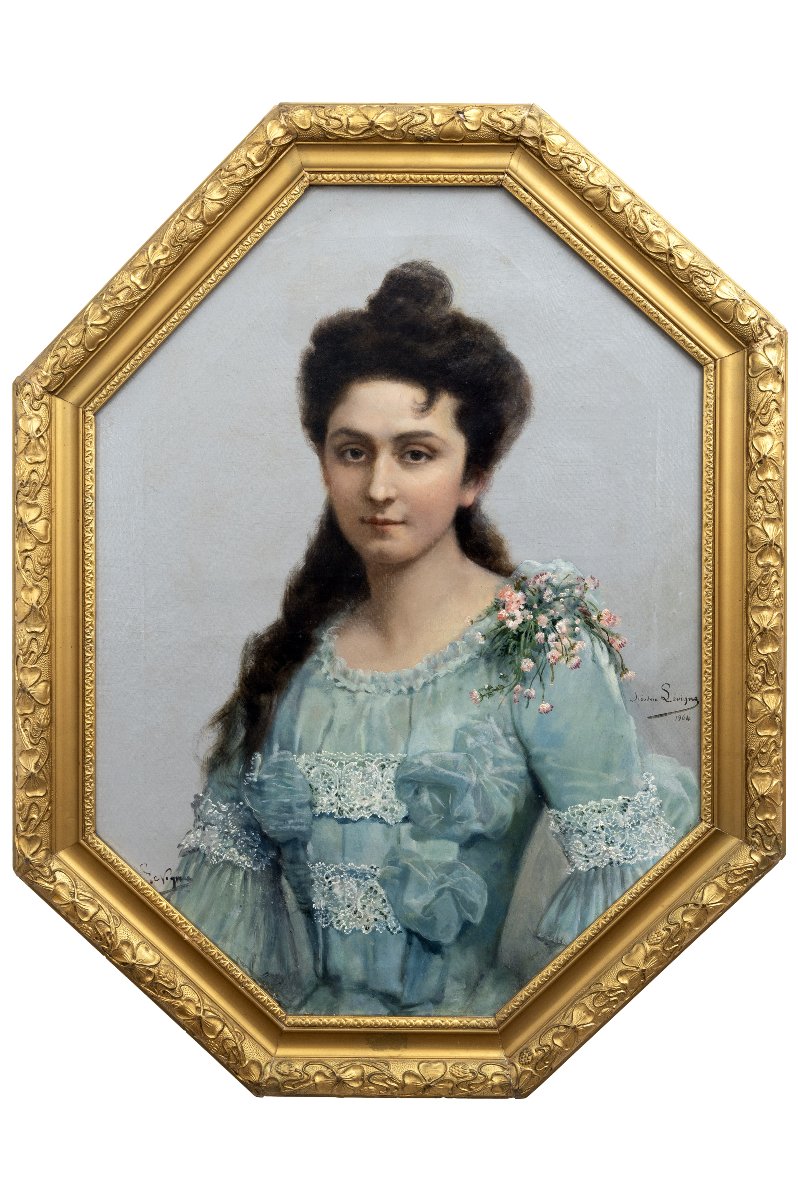 Théodore Lévigne – Portrait Of A Young Woman In A Blue Dress  – Oil On Canvas – Signed And Dated 1904