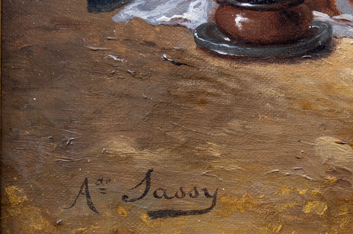 Famille de pêcheurs à l’entrée d’un port  – Huile sur toile – Signée – vers 1850-photo-3